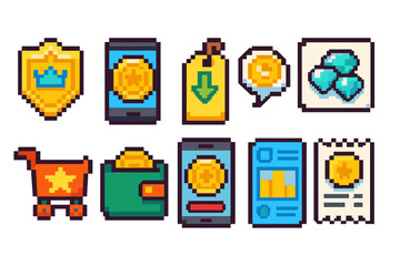 Pixel art icon set: gaming, rewards, achievement, badges, shopping, finance, retro