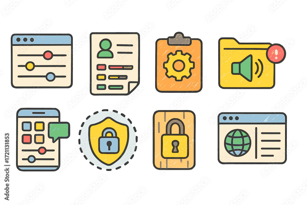 Poster web security and settings flat icon set. security, configuration icons collection