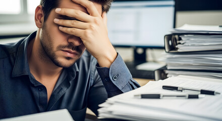 Overwhelmed businessman feeling stressed from paperwork overload in a modern office, experiencing burnout from the pressure of deadlines and demanding tasks