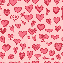 Vector seamless pattern with freehand drawn cartoon hearts on pink background