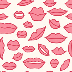 Vector seamless pattern with pink freehand drawn cartoon lips on beige background