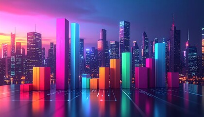 Colorful bar graphs in front of a vibrant cityscape at dawn or dusk