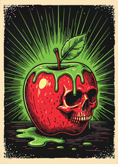 Skull and apple. Vector illustration in retro style on a dark background.