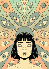 Vector illustration of a girl with strange pattern on her face. Psychedelic background.