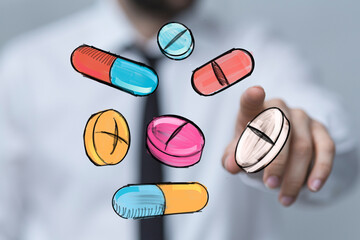 Hand interacting with colorful pills, healthcare, medicine, pharmacy, treatment, health, wellness, drugs, capsule, tablet, doctor, cure, r