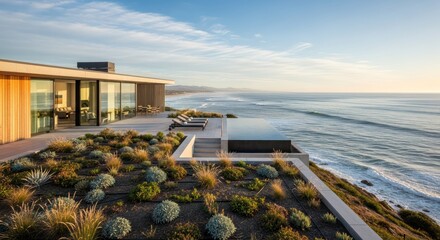 Serene coastal living modern architecture blending into the pacific ocean landscape