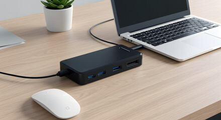 Laptop connected to black USB hub on wooden desk with plant  