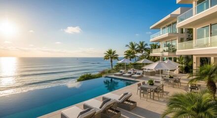 Obraz premium Oceanfront luxury residence with infinity pool offering breathtaking panoramic vista view