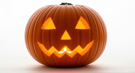 Illuminated jack o lantern with a simple yet spooky carved expression against clean background