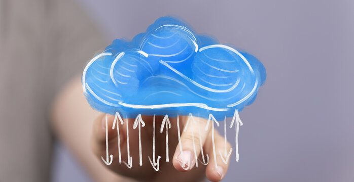 Hand holding blue cloud with upward arrows,digital data, network, storage, innovation, technology, future, progress, growth, success, upl