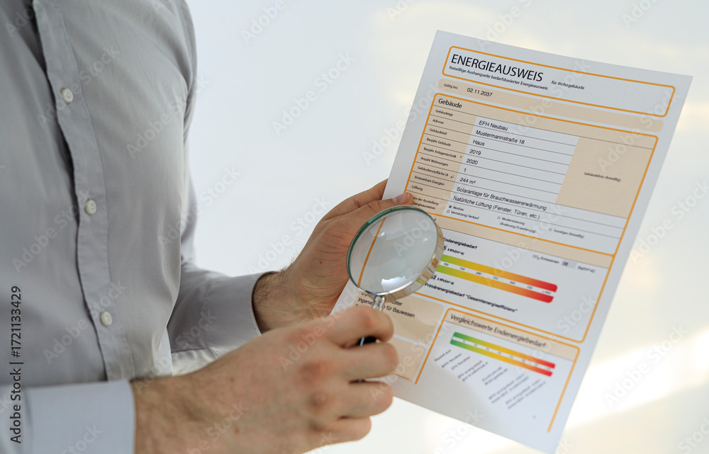 Aufkleber close-up of a man reviewing an energy performance certificate using a magnifying glass. ideal for en