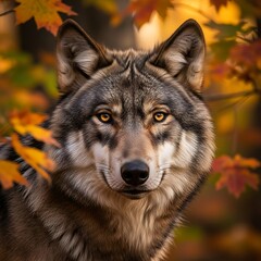 Close-up portrait of a gray wolf, with amber eyes, set against a backdrop of autumnal foliage, displaying a captivating and intense expression.