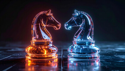 Two glowing blue and orange glass chess knight pieces face off in an intense confrontation on futuristic board. concept of strategy and conflict
