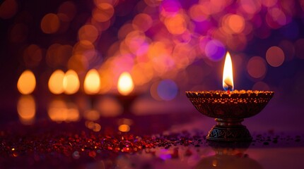 Fototapeta premium Traditional clay oil lamp burning with warm flame during Diwali festival celebration, row of glowing diyas creating bokeh background of colorful lights, spiritual and festive atmosphere