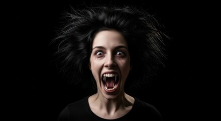 Portrait of an enraged vampire with long fangs screaming in a haunting gothic scene
