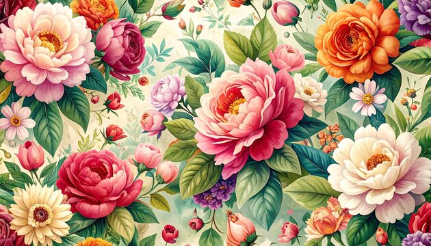 A vibrant floral pattern, showcasing a profusion of roses and other blooms