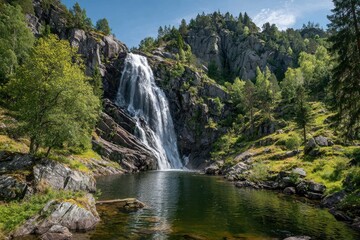 Majestic waterfall cascading into a tranquil pool, surrounded by lush greenery and rugged mountains (1)