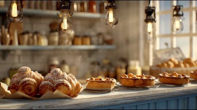 Fresh bread, croissants and tart on counter preparing before the bakery shop open.