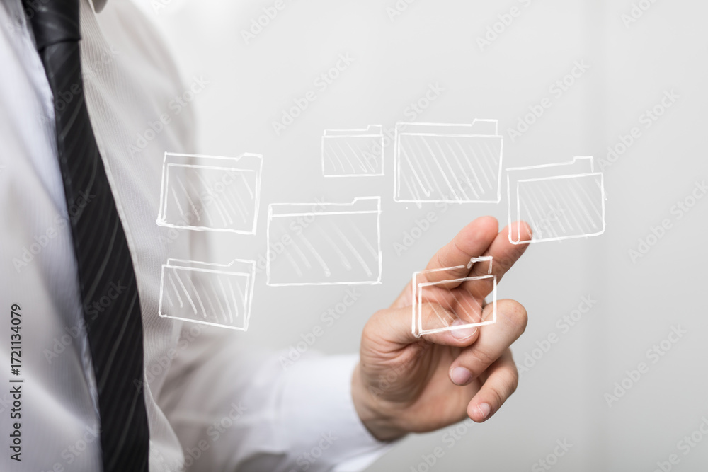 Poster man interacts with virtual files, showcasing data management, cloud storage, and digital organizatio