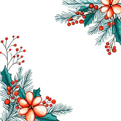 A New Year's watercolor Christmas frame with fir branches and berries on a transparent white background. Botanical illustration for the winter holiday. PNG