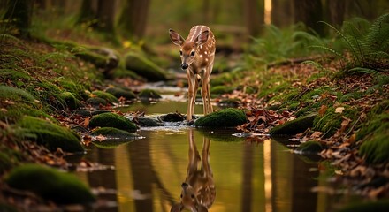 Fawn in Forest Stream Reflection.