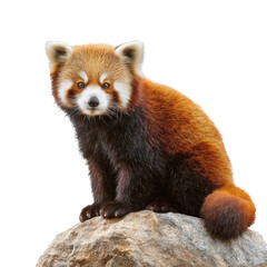 Fototapeta premium Red panda sitting on a rock in natural habitat during daytime on a transparent background, cut out