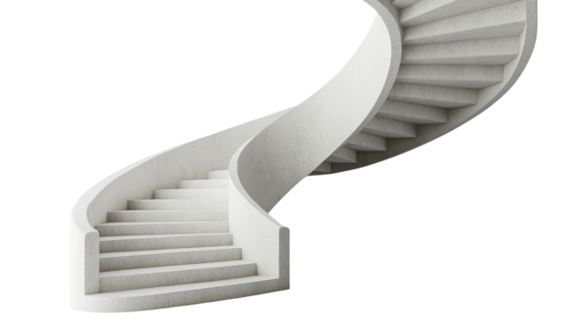 White 3d render of an open spiral staircase ascending into the sky, a ladder to success
