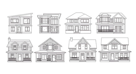 Naklejka premium A collection of hand-drawn black and white line art sketches of various styles of suburban houses and family homes.
