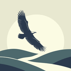 Obraz premium A majestic eagle silhouette soars against a serene moonlit landscape