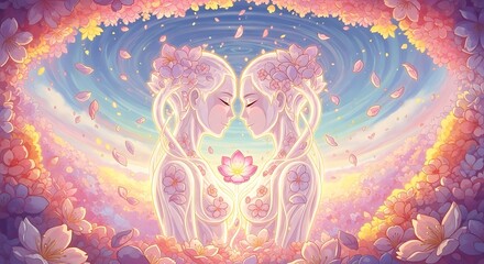 Two figures, adorned with blossoms, stand in a serene realm of cherry blossoms, bathed in soft, pastel hues.