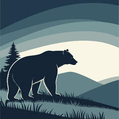 A majestic bear silhouette stands against a layered mountain landscape