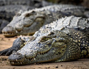 Naklejka premium Crocodiles resting on the bank