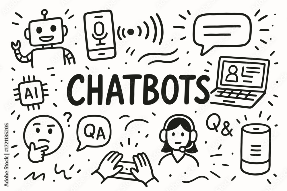 Poster chatbot and ai communication icon set. interactive, conversational icons outline style