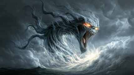 Obraz premium A Terrifying Storm Monster Screaming Through Gloomy Skies in Dark Fantasy Art, Digital Painting