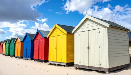 Colorful beach huts on a sandy shore under a partly cloudy sky