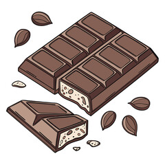 Illustration of broken chocolate bar with cocoa beans and crumbs