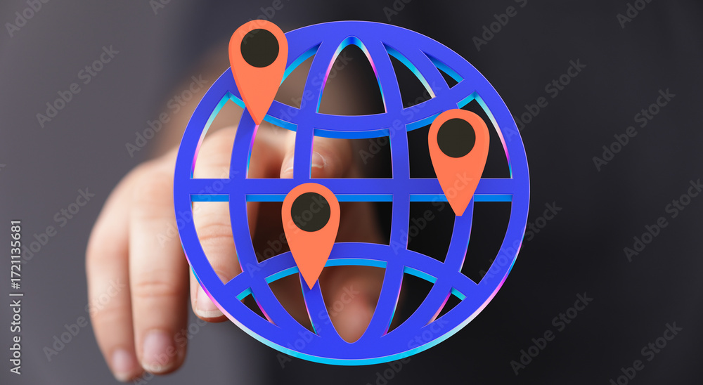 Poster hand interacts with a 3d globe showing multiple locations. perfect for technology, global business, 