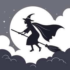 Silhouette of a witch flying on a broomstick against a moonlit sky