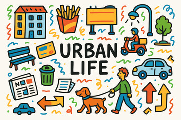 Urban life flat icon set. city, lifestyle, transportation icons flat style collection