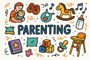 Fototapeta premium Parenting line icon set: baby essentials, toys, and family care line collection