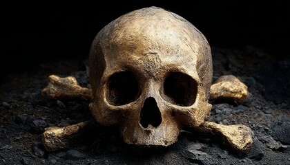 Golden Skull and Crossbones Relic, A Grim Symbol Unearthed from Dark Earth, Revealing Remains
