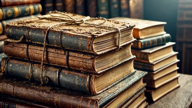 Stack of Vintage Leather Bound Books Representing History and Classical Literature Knowledge