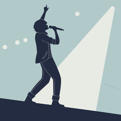Silhouette of a singer performing passionately on a brightly lit stage