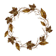Hand painted watercolor wreath of autumn leaves. Autumn frame. Autumn still life. Suitable for books, packaging, cards.