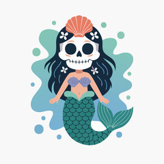 Calavera Mermaid Teal Scales Seashell Bra and Coral Crown.