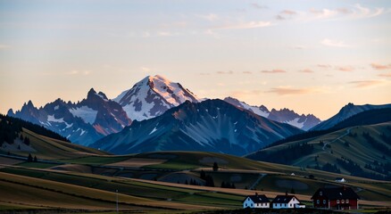 Fototapeta premium quiet. A majestic mountain silhouette against a twilight sky, radiating calm and natural beauty. travel magazines, destination branding, designed for outdoor magazines and nature guides.