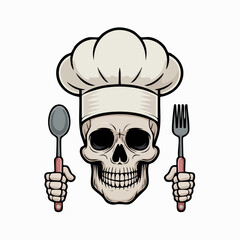 Skull Chef with Spoon and Fork Culinary Skeleton with Chefs Hat.