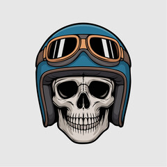 Skull with Blue Motorcycle Helmet and Goggles Front View Detailed Illustration.