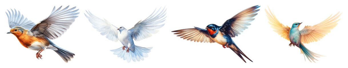 Obraz premium PNG Colorful birds in flight, element set on transparent background
