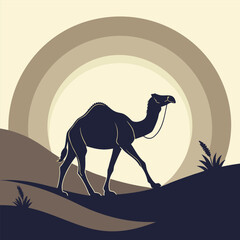 Fototapeta premium Minimalist silhouette of a camel walking across a desert landscape illustration